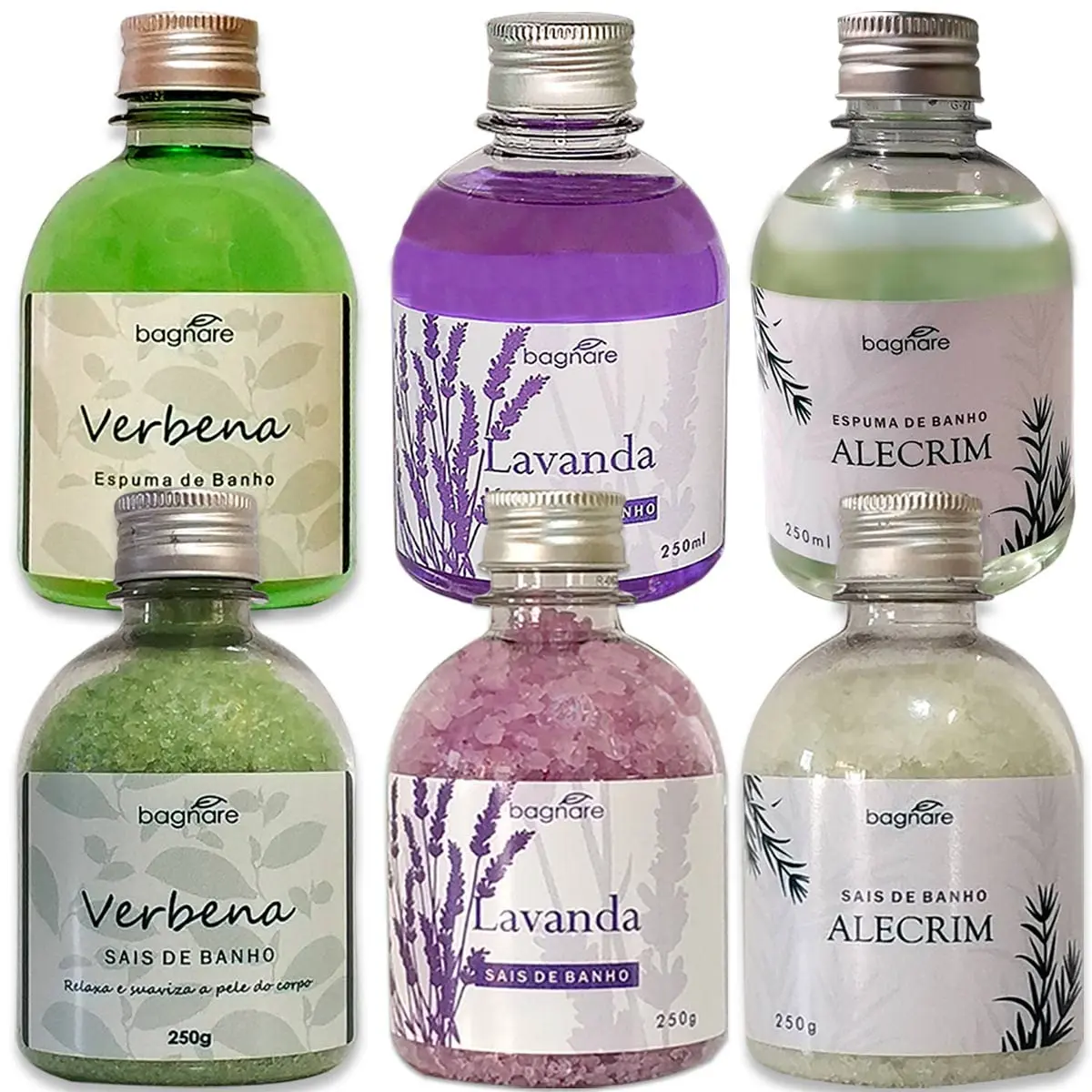 Kit 3 Sais De Banho e 3 Espumas para Banheira Hidromassagem Ofurô Lavanda Alecrim Verbena