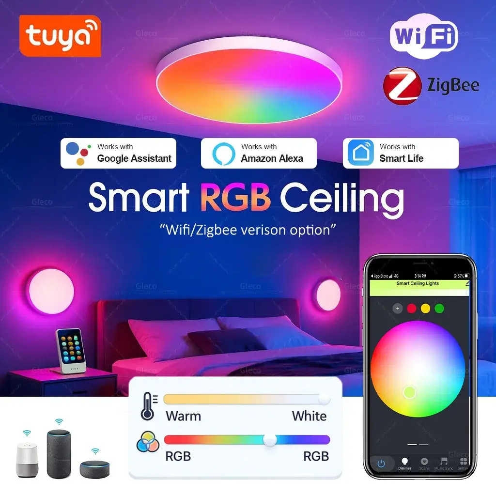 Tuya wifi/zigbee luz de teto rgbcw led lâmpada do teto sala estar decoração casa lâmpada inteligente para vida inteligente app alexa google casa