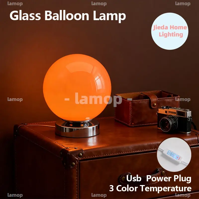 Luminária de Mesa de Vidro Murano com Alimentação USB, Abajur de Vidro Vintage com 3 Temperaturas de Cor