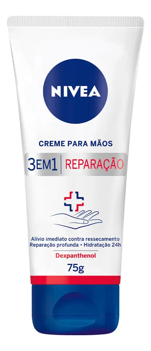 NIVEA Creme para Mãos Reparação com Dexpanthenol 75g, Alívio do Ressecamento, Hidratação 24h, Reparação Profunda, Uso Diário, Pele Seca e Extrasseca