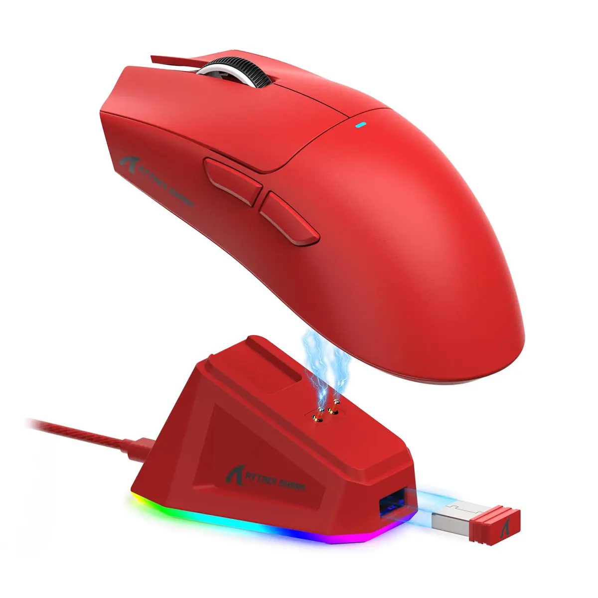 ATTACK SHARK X11 Mouse sem fio leve, 62g, RGB, conexão tri-modo (2.4G/USB-C/BT), 22K DPI, sensor PAW3311, 5 botões programáveis, base de carregamento RGB, compatível com PC/Mac-Vermelho