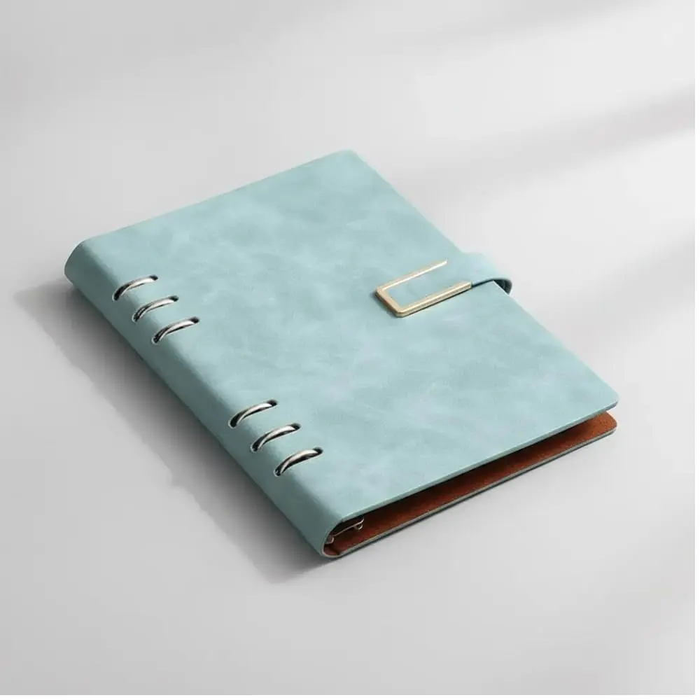 Fichário A5 Couro Com Pauta 100 Folhas 6 Argolas Caderno Imã 14x21 Pautado (azul)