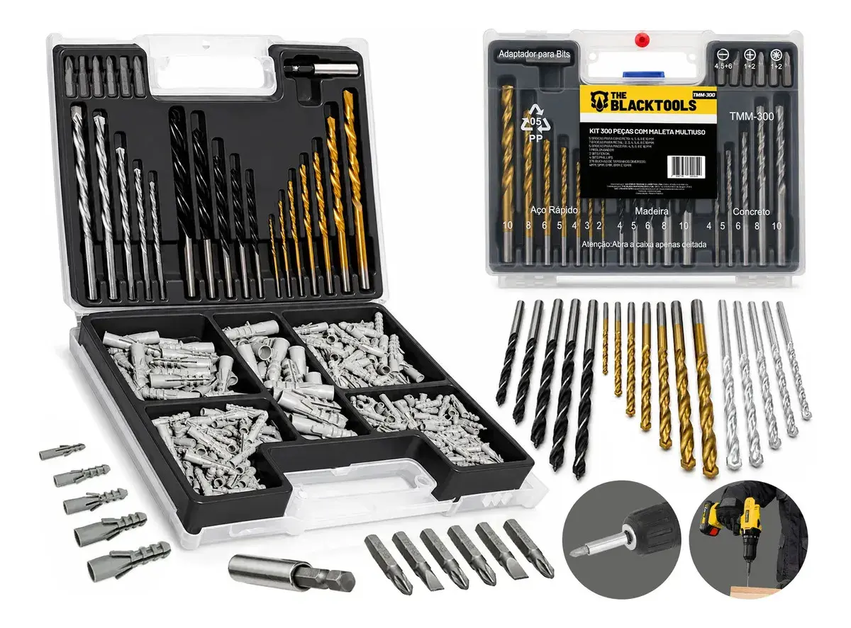 Kit Jogo De Ferramentas Multiuso 300 Peças Com Maleta Brocas Bits e Buchas TMM300 - The Black Tools