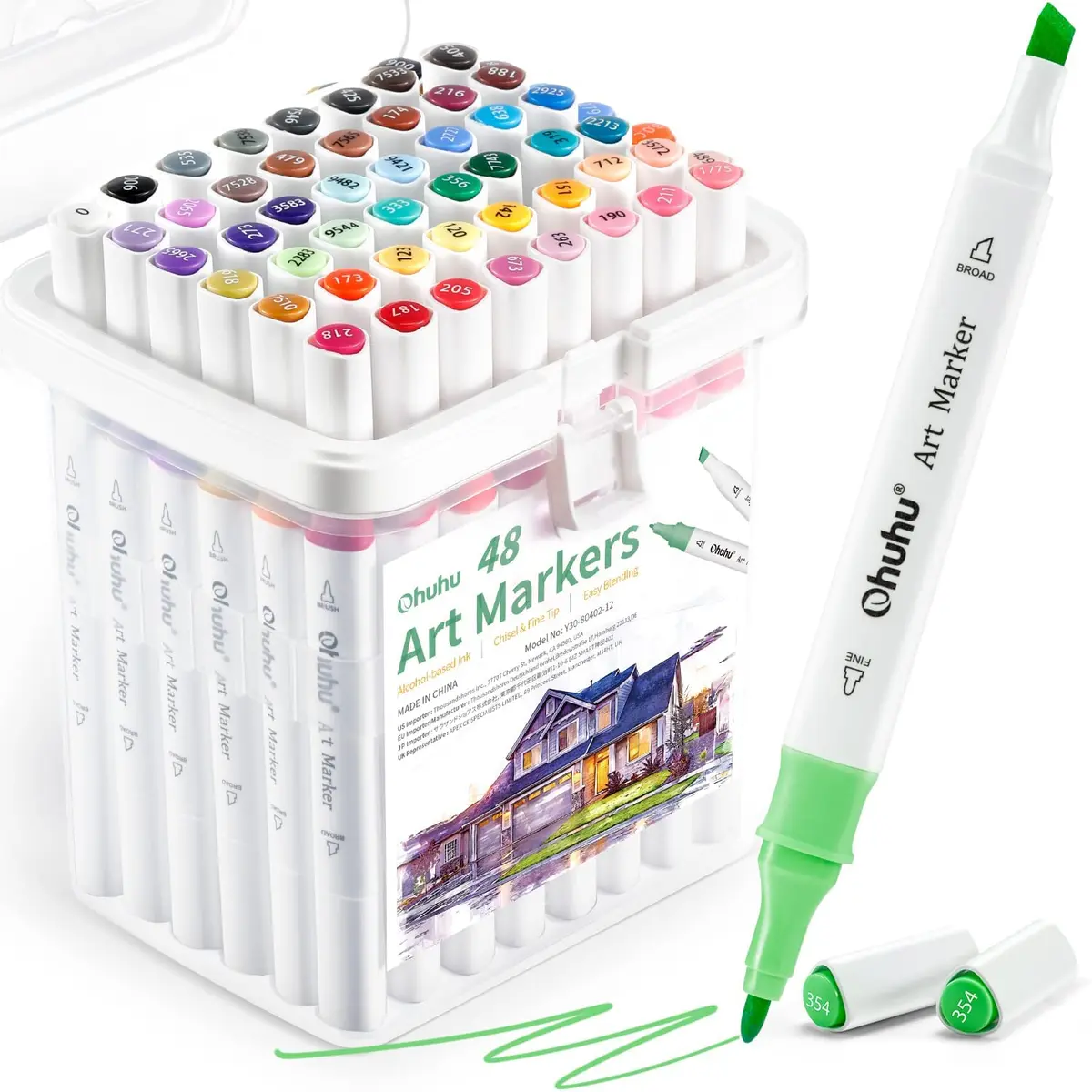 Ohuhu Canetas Marcadores de Álcool 48 Cores Dupla Ponta Fina e Cinzel | Tinta de alta pigmentação, ideal para colorir e esboçar. Excelente escolha para artistas