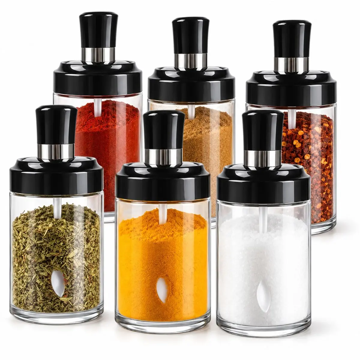 Porta Tempero em Vidro com Colher Sal, Açucar, Condimentos, Pimenta, Tomilho, Orégano 6 Unidades C/Etiqueta Adesiva Lousa Preta
