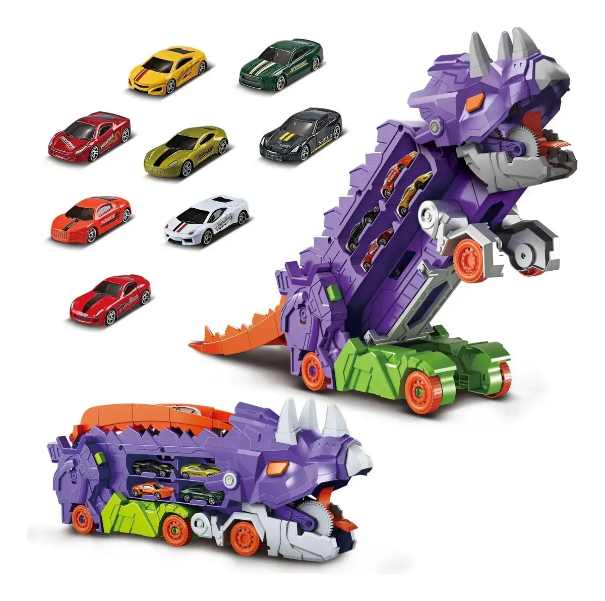 Caminhão Dinossauro Pista Com Carrinhos Maleta Transporte Cor Roxo - 1