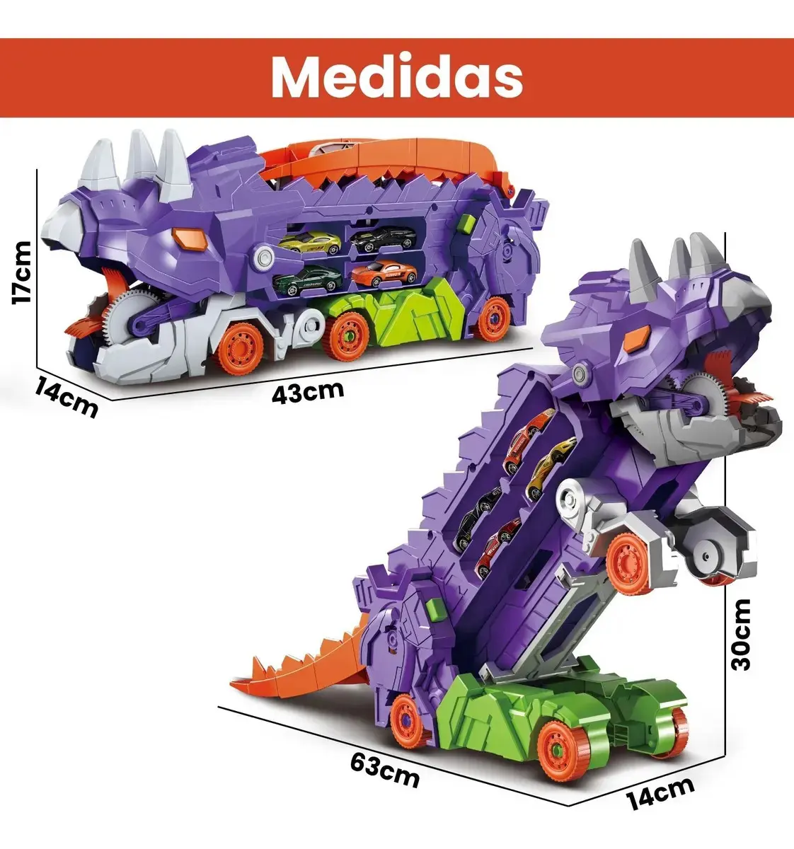 Caminhão Dinossauro Pista Com Carrinhos Maleta Transporte Cor Roxo thumbnail 2