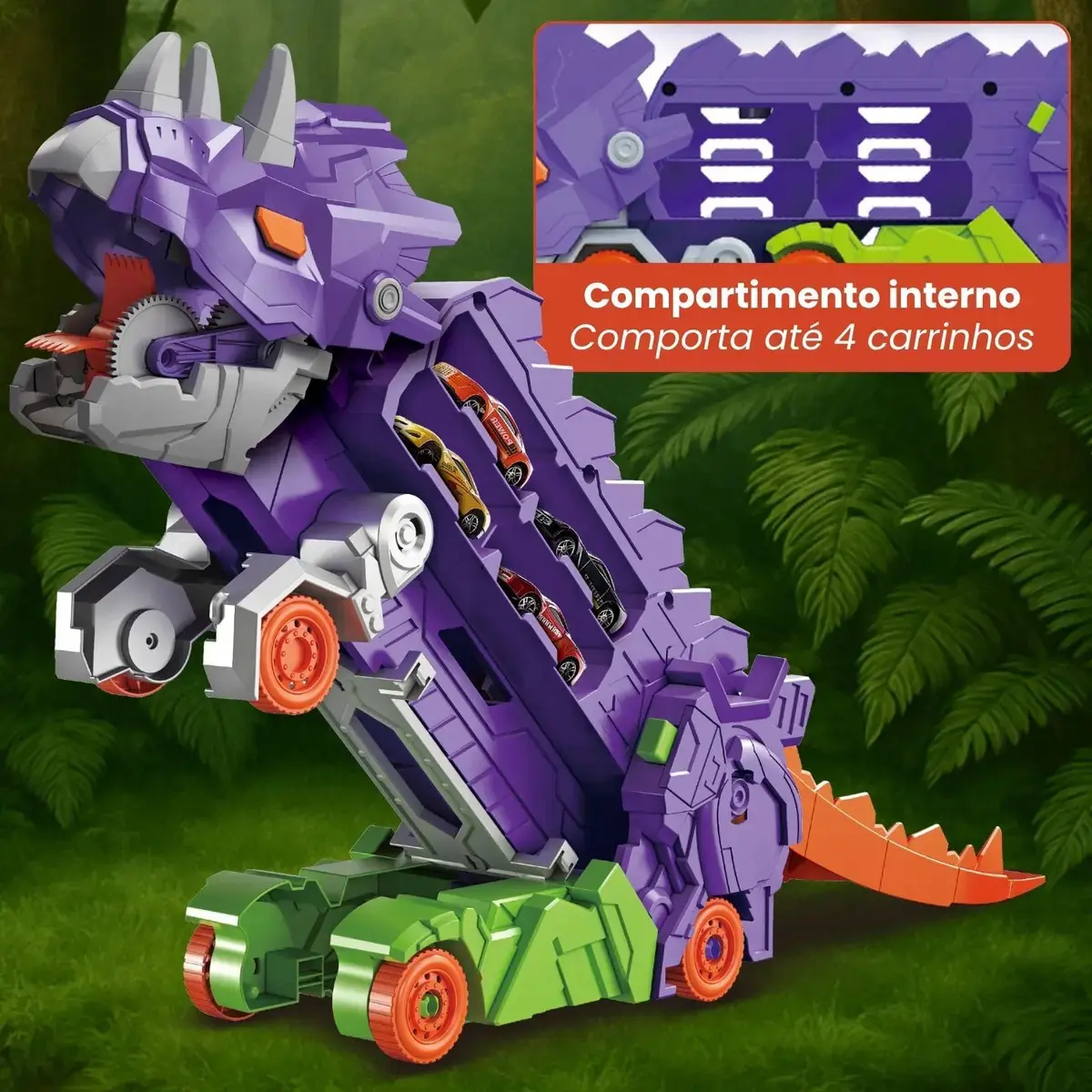 Caminhão Dinossauro Pista Com Carrinhos Maleta Transporte Cor Roxo thumbnail 4