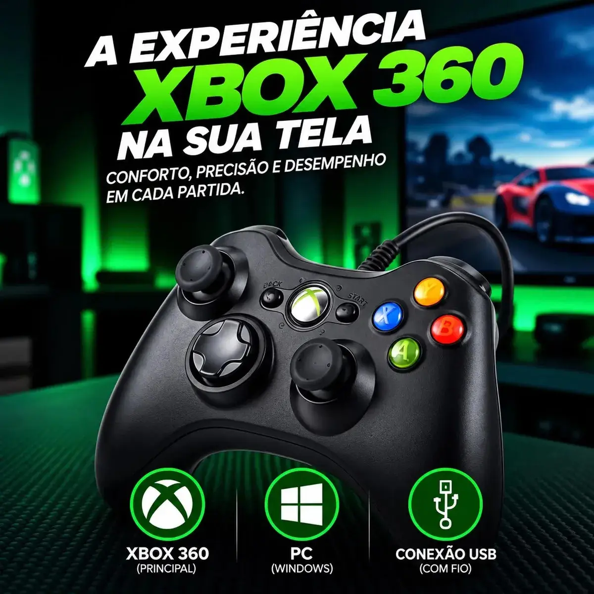 Controle Para Xbox 360 Com Fio Joystick Manete Gamepass Steam Tv Pc Android - Crowley thumbnail 2