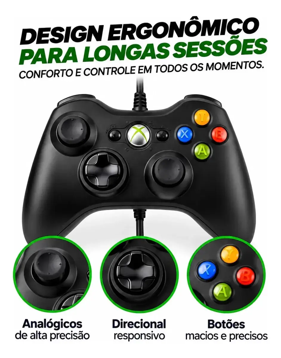 Controle Para Xbox 360 Com Fio Joystick Manete Gamepass Steam Tv Pc Android - Crowley thumbnail 4