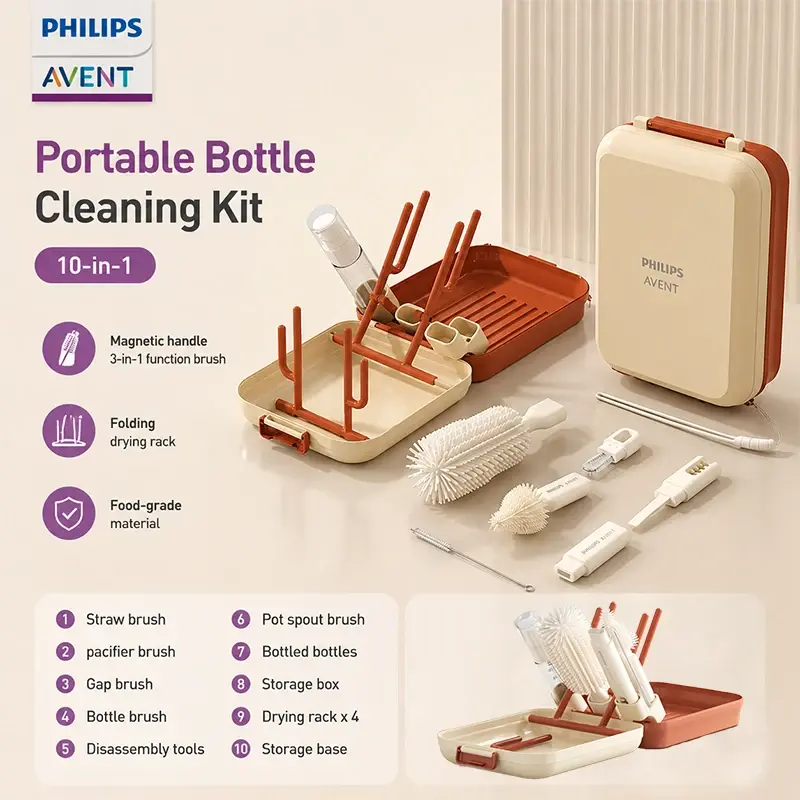 Conjunto de Escovas para Limpeza de Mamadeiras Avent W67 com 10 Escovas de Silicone com Sucção Magnética para Lavar e Drenar sem Danificar a Mamadeira