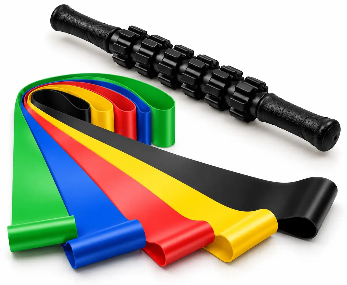 Kit com 5 Faixas Elásticas para Exercícios + Bastão massageador | Bandas de Resistência, Tonificação Muscular, Yoga e Fisioterapia, Treinamento Físico e Alongamento - 1