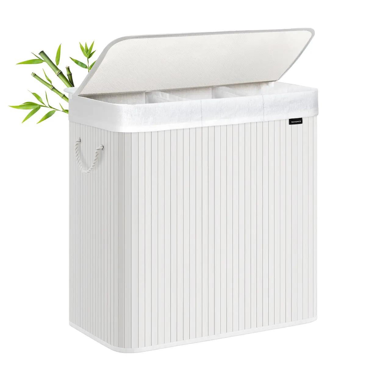 SONGMICS Cesto de lavanderia, cesto de roupa suja com tampa, bambu, dobrável, forro removível e lavável na máquina, para lavanderia, quarto, branco ULCB091W01