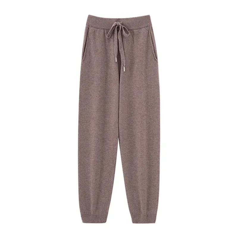 Calças Femininas de Lã Merino 100% para Outono e Inverno, Modelo Solto de Cintura Alta, Malha Fina de Cashmere com Punho Elástico - 1