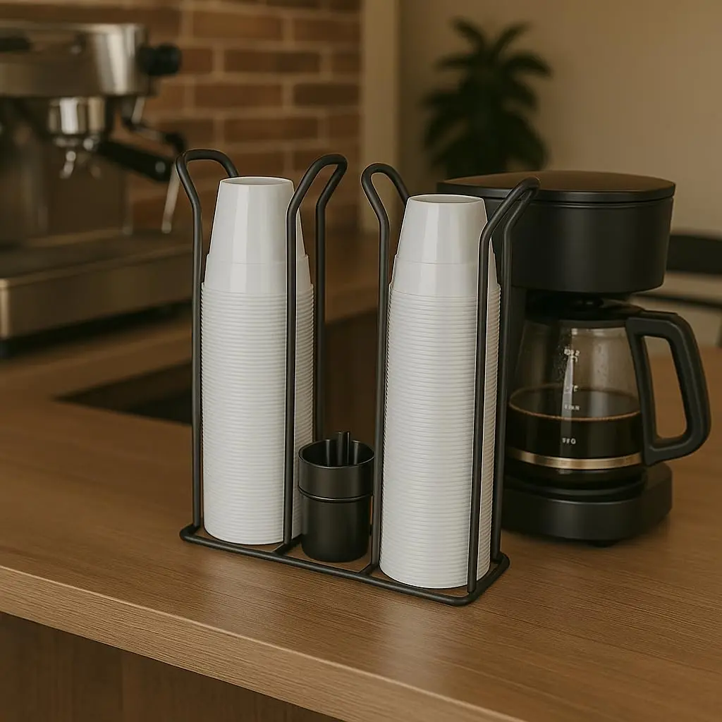 Organizador Preto para Copos 80 e 200 ml com Suporte para Colheres | Organizador preto com espaços para copos descartáveis e compartimento central para colheres, sachês e pequenos acessórios. - 1