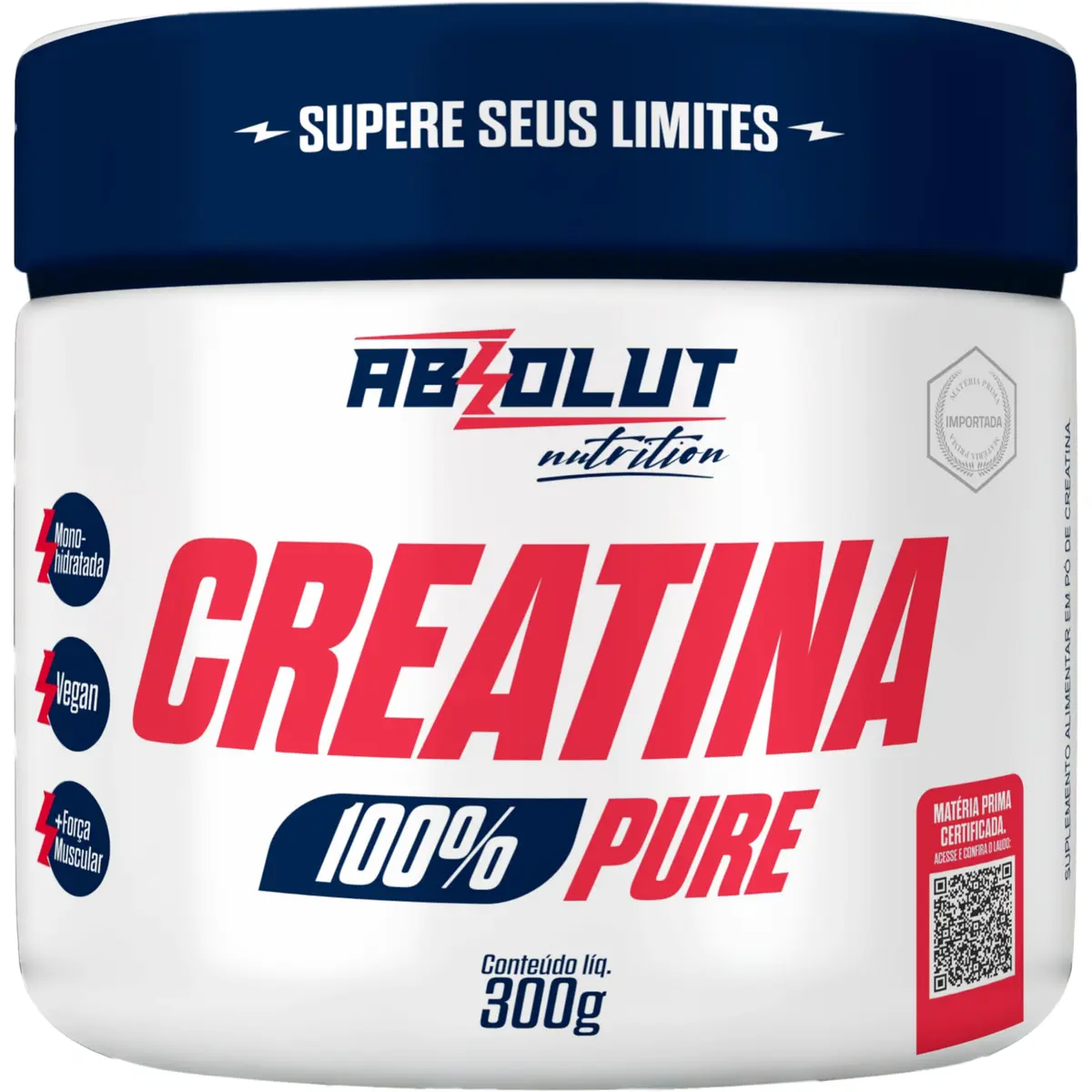 Creatina em pó monohidratada, Absolut Nutrition, sem sabor, 300g | Pó monohidratado importado fornecendo 3g por dose com laudo técnico via QR Code