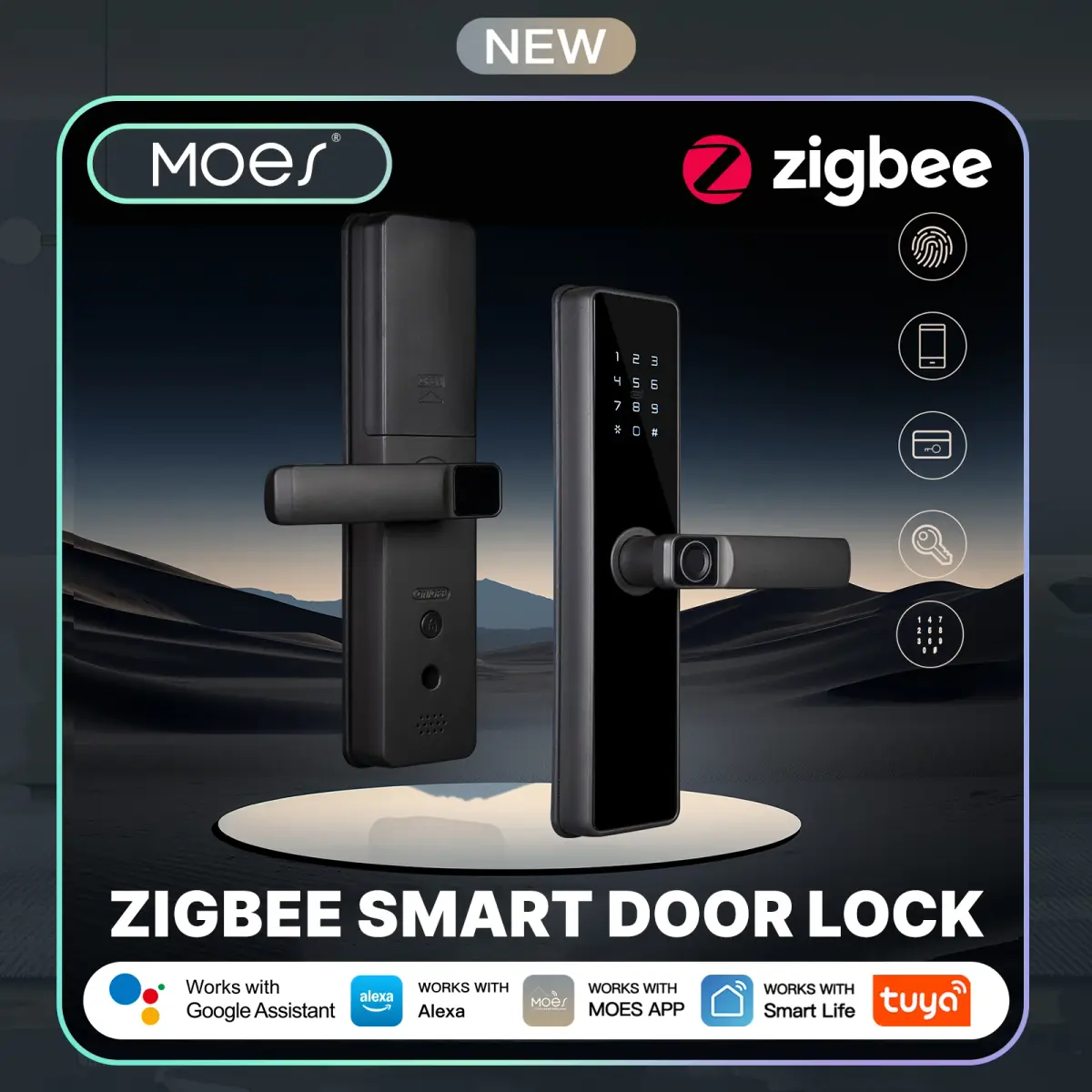 MOES Tuya ZigBee Fechadura de porta inteligente com senha interna, desbloqueio remoto por impressão digital, alarme de violação, alimentado por bateria, funciona com Alexa