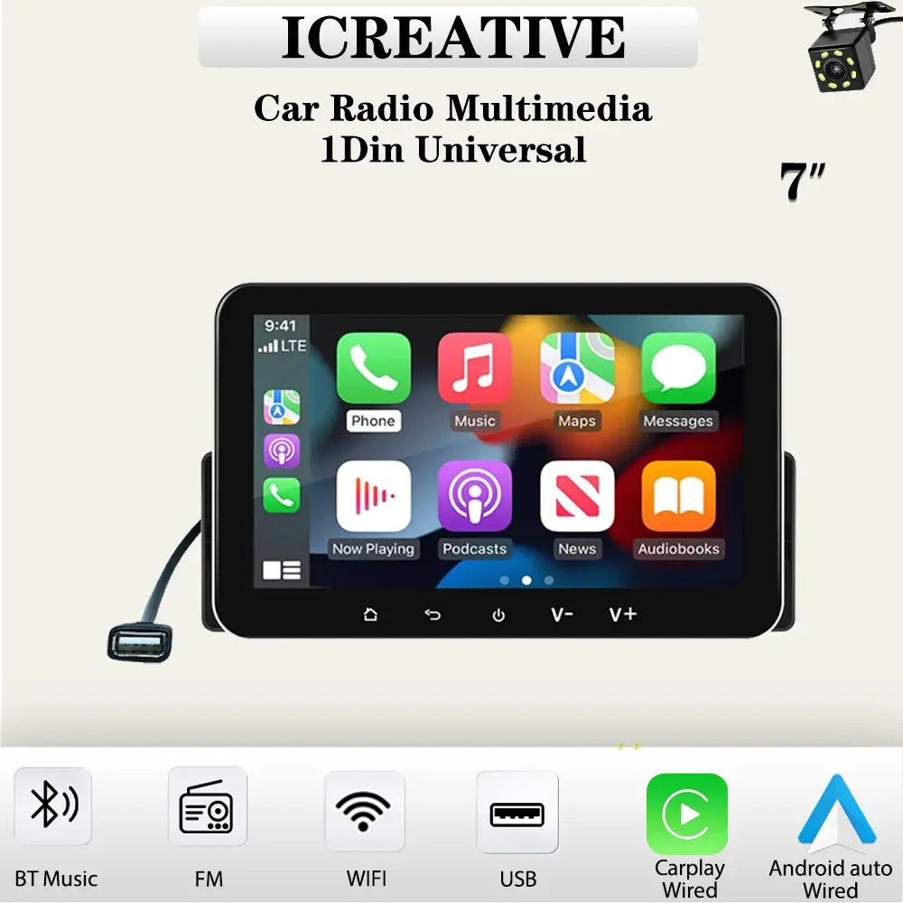 Rádio automotivo universal 1din, tela sensível ao toque de 7 polegadas, reprodutor multimídia com fio, carplay e android, wi-fi, link espelhado, navegação, fm estéreo