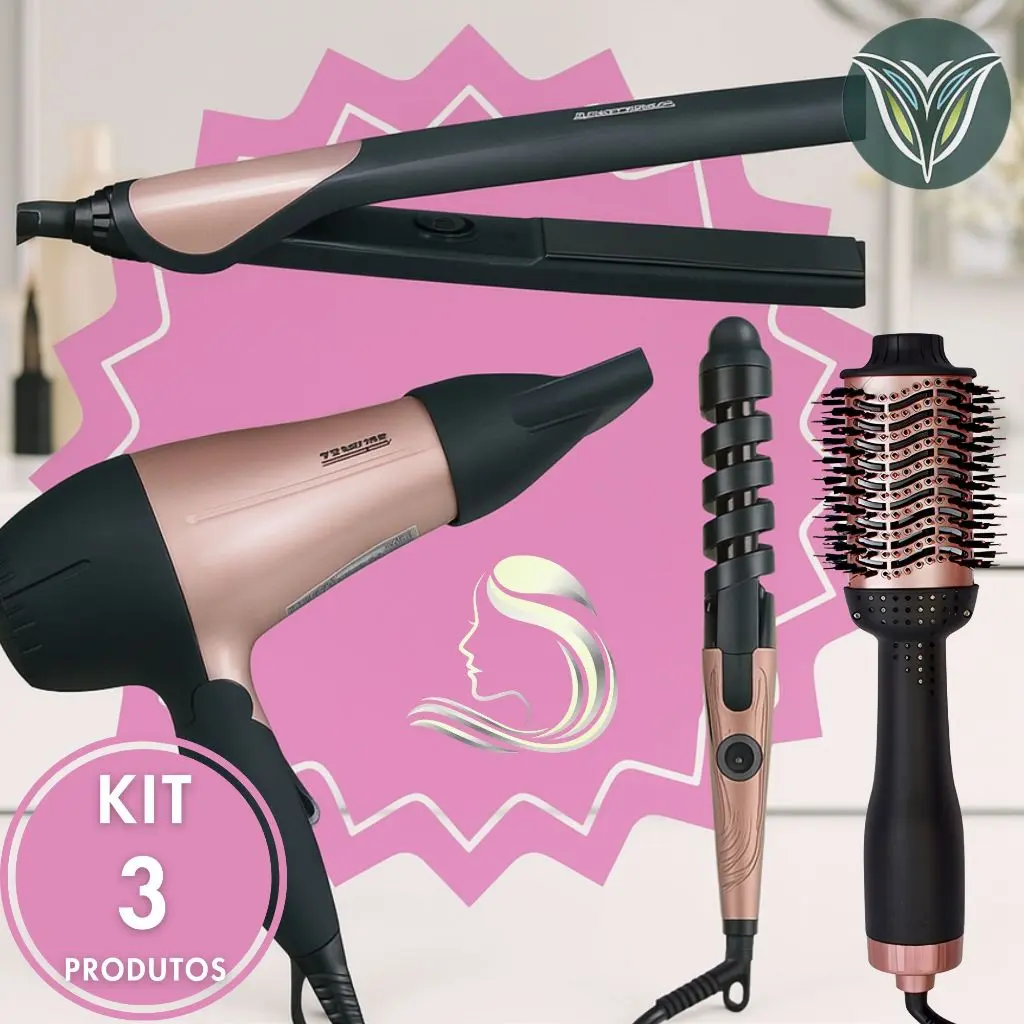 KIT 3 Escova Secadora + Secador de Cabelo Portátil + Modelador de Cachos + Chapinha Profissional Rosa Potente Qualidade