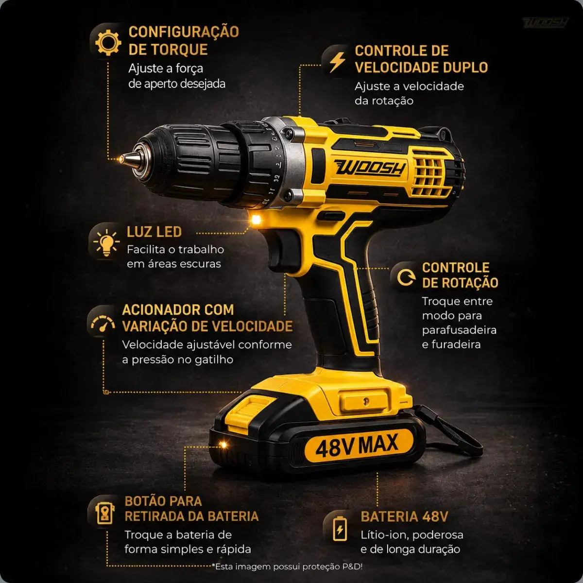 Parafusadeira Furadeira Impacto Sem Fio 2 Baterias Recarregável 48v Bivolt Velocidade Ajustavel Com Travas Mandril Resistente thumbnail 2