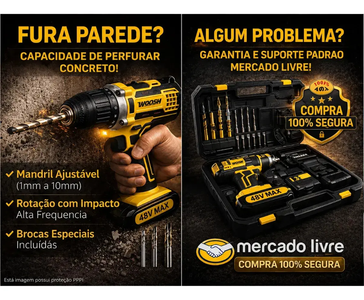 Parafusadeira Furadeira Impacto Sem Fio 2 Baterias Recarregável 48v Bivolt Velocidade Ajustavel Com Travas Mandril Resistente thumbnail 3