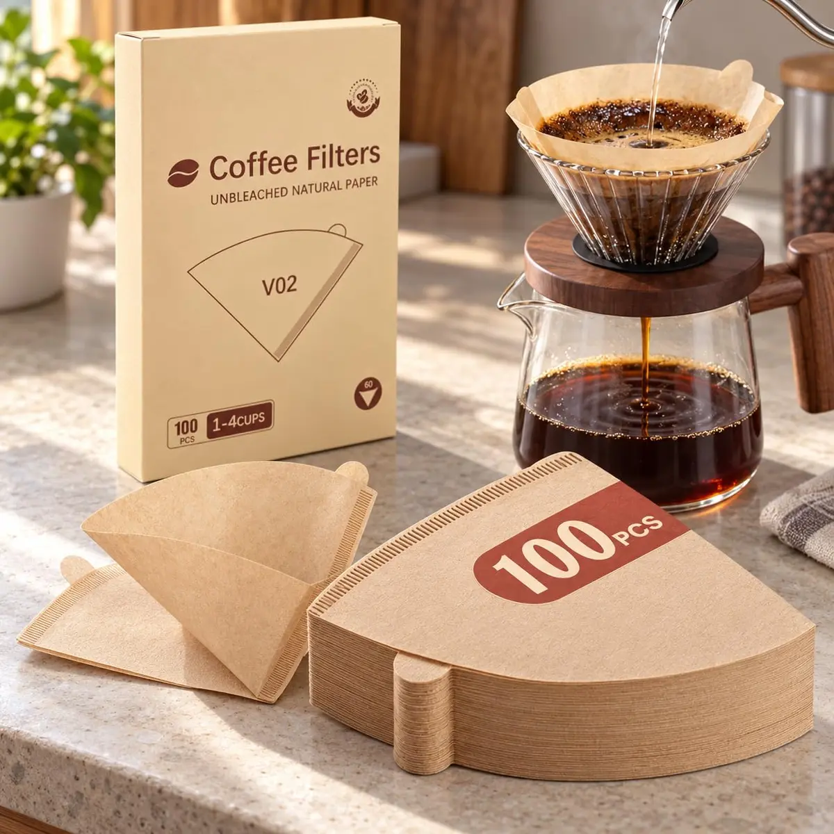 MYBEEM Filtro de Café Papel Natural Sem Alvejante, Cone V para Coador V60, Extração Equilibrada sem Amargor, Compatível 1-2 Pessoas, Perfeito para Uso em Casa, Escritório e Viagem