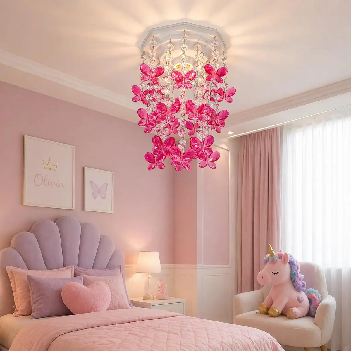 Lustre Infantil de Teto Decorar Ambiente Princesa Luminária para Quarto de Bebê Menina Borboletas Cor Rosa 17x25cm