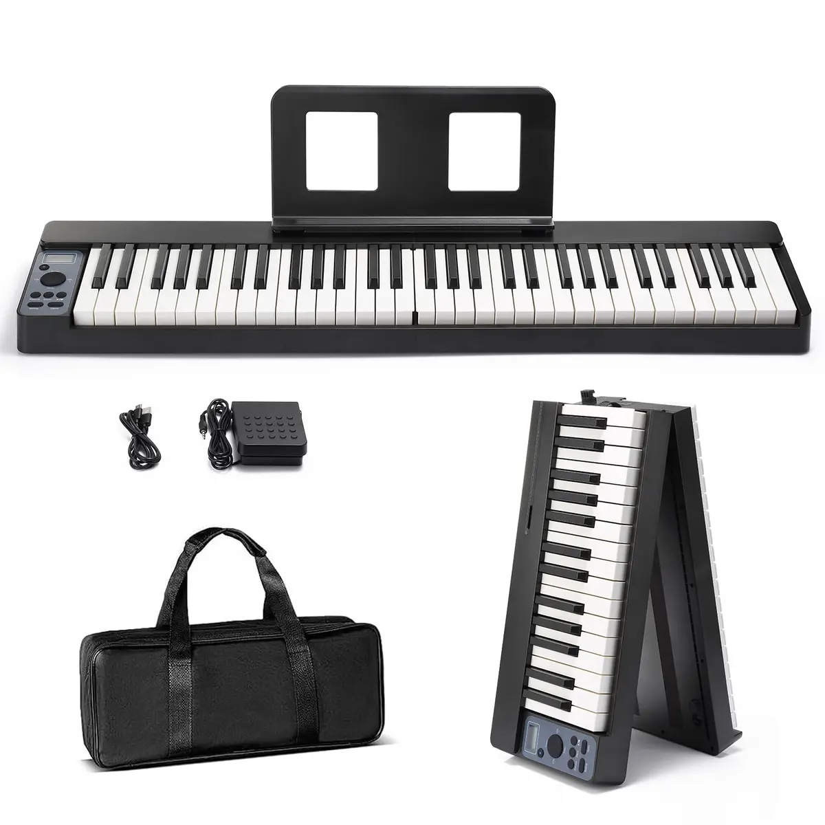 Teclado Piano Dobrável 61 Teclas com Sensibilidade ao Toque | Som Estéreo, Pedal de Sustain, Portátil, Para Iniciantes, Uso Versátil