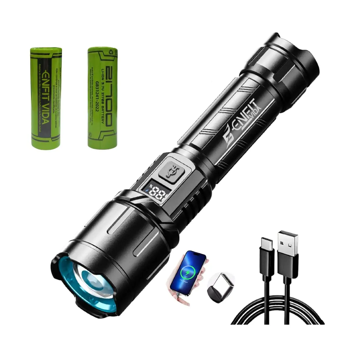 Lanterna Tática Militar 3600 Lúmens, 4000mAh Lanterna LED Recarregável Super Potente, IPX5, Carregamento Bidirecional Type C+USB, Zoom Ajustável, Alcance até 2000m, 4 Modos para Camping Trilhas Pesca - 1
