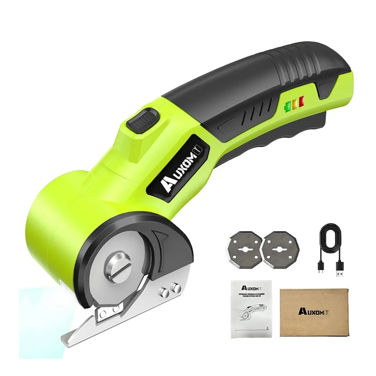 AUXOM Tesoura Elétrica Recarregável 2000mAh Sem Fio, Tesoura Costura Lâmina SK5 280RPM, Tesoura Tecido Multiuso para Papelão Couro, 60min Autonomia com Luz LED e Trava de Segurança