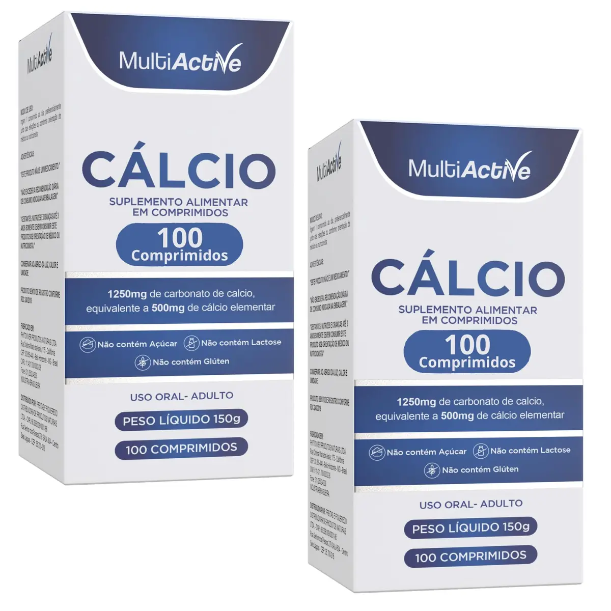 Kit 2 Carbonato de Calcio 1250mg Equivalente a 500mg de Cálcio Elementar 100 Comprimidos Suplemento Alimentar Alta Concentracao Reposicao de Calcio Osses Dentes Musculos Gestantes Idosos Multiactive
