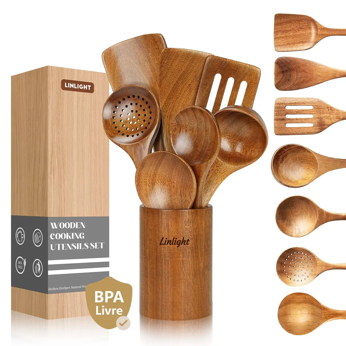 Kit 8 Colher de Pau Jogo de Utensílios Madeira Premium | Leve Resistente, Impactos e Calor, Não gruda na panela e não derrete - 1