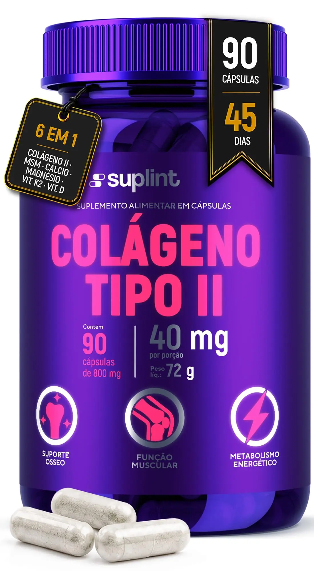 Colágeno Tipo 2 Não Desnaturado — Articulações Sem Dor — MSM — Vitamina D 2000 UI — Fórmula 6 em 1 — Sem Glúten — 90 Cápsulas