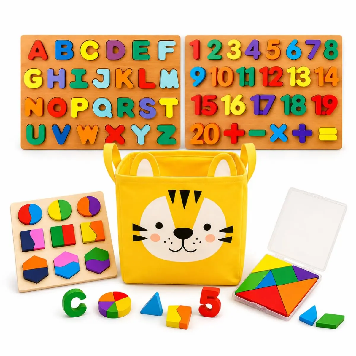 Kit Educativo Montessori 5 em 1 de Madeira com Organizador | Coordenação • Autonomia • Concentração • Números • Letras • Lógica