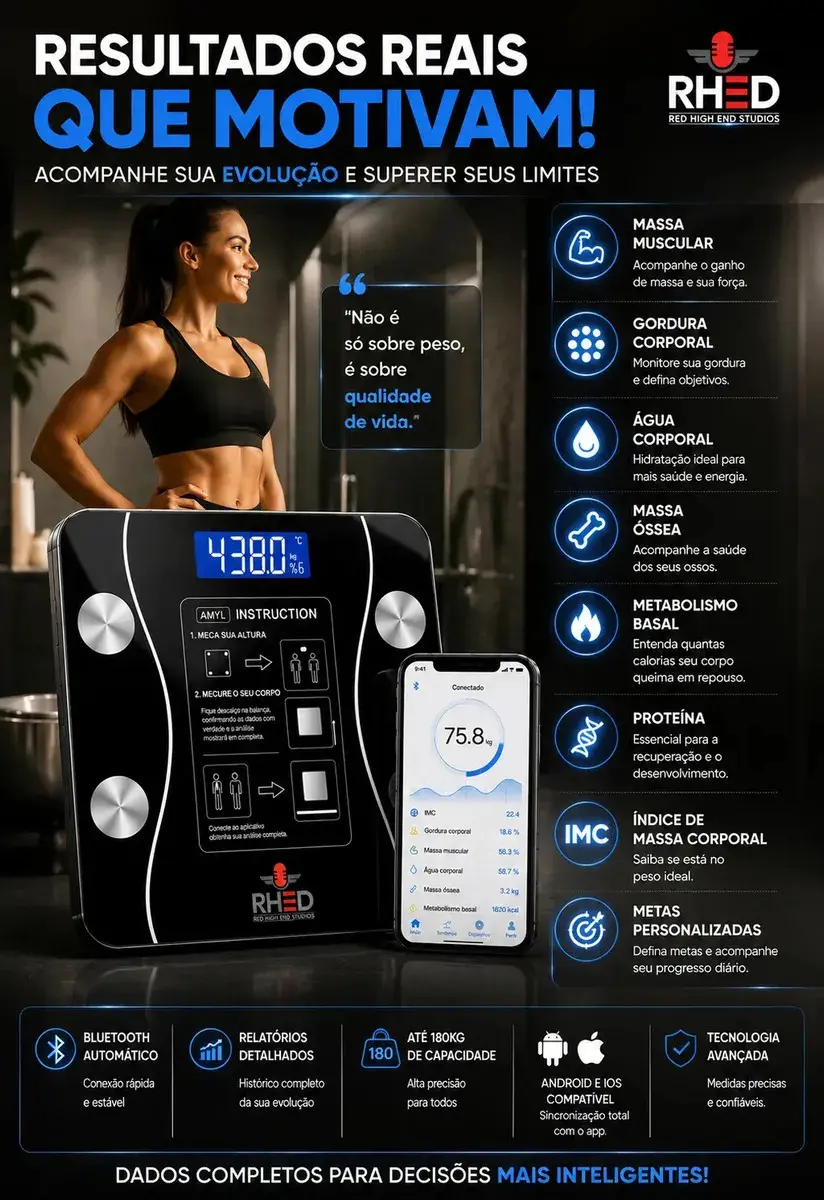 Balança Digital Bioimpedância Profissional smart imc 180kg Bluetooth Corporal Aparelho Alta Capacidade aplicativo App para Android e para IOS Balança De Banheiro Academia thumbnail 2