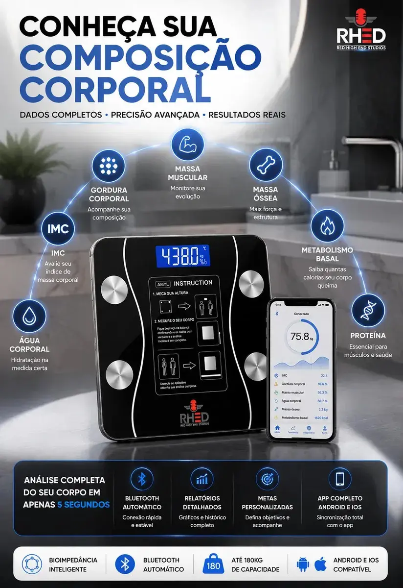 Balança Digital Bioimpedância Profissional smart imc 180kg Bluetooth Corporal Aparelho Alta Capacidade aplicativo App para Android e para IOS Balança De Banheiro Academia thumbnail 3