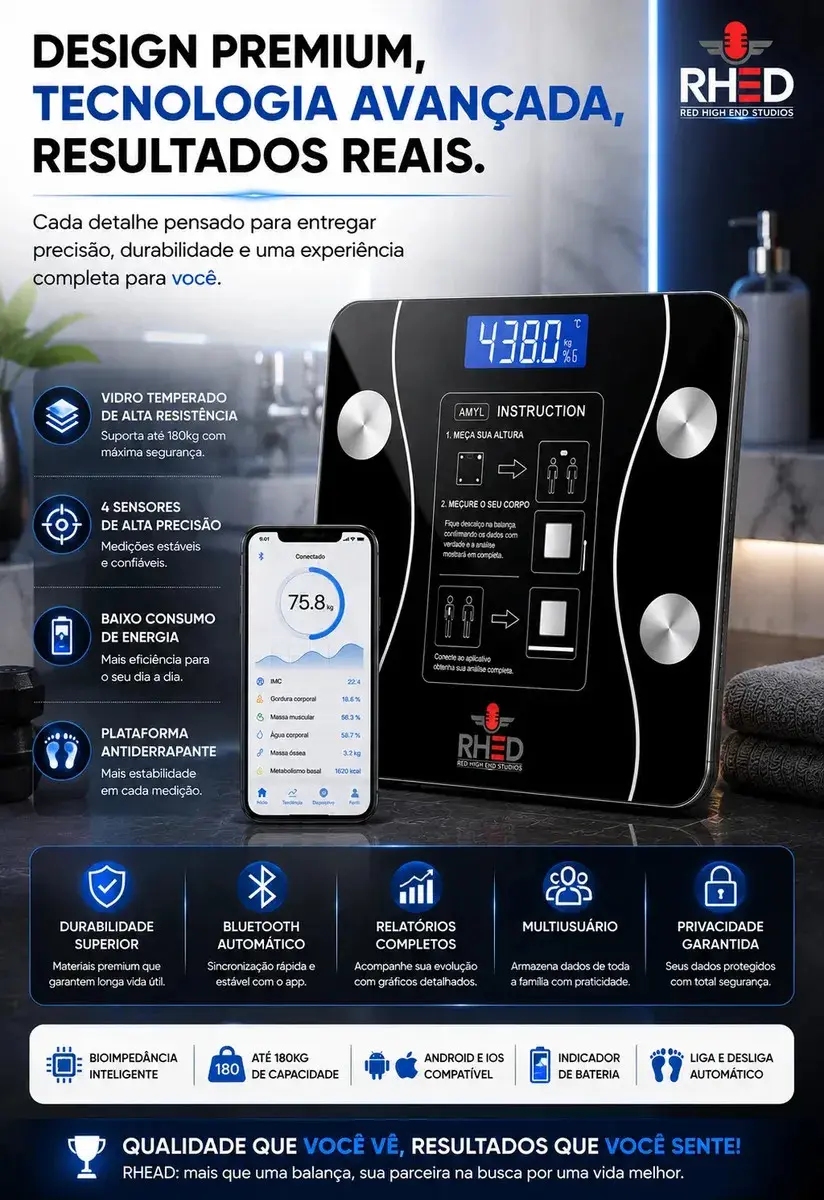 Balança Digital Bioimpedância Profissional smart imc 180kg Bluetooth Corporal Aparelho Alta Capacidade aplicativo App para Android e para IOS Balança De Banheiro Academia thumbnail 4