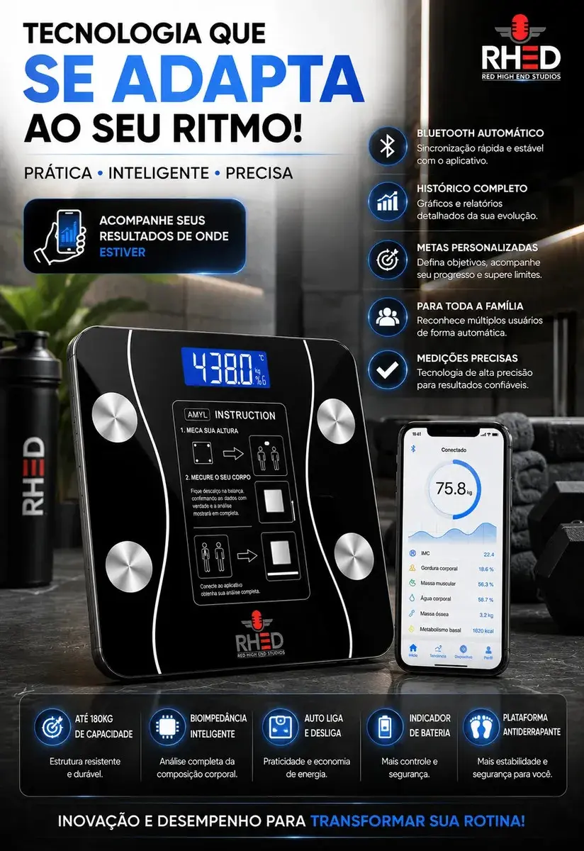 Balança Digital Bioimpedância Profissional smart imc 180kg Bluetooth Corporal Aparelho Alta Capacidade aplicativo App para Android e para IOS Balança De Banheiro Academia thumbnail 5