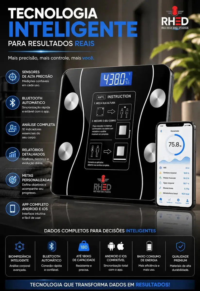 Balança Digital Bioimpedância Profissional smart imc 180kg Bluetooth Corporal Aparelho Alta Capacidade aplicativo App para Android e para IOS Balança De Banheiro Academia thumbnail 6
