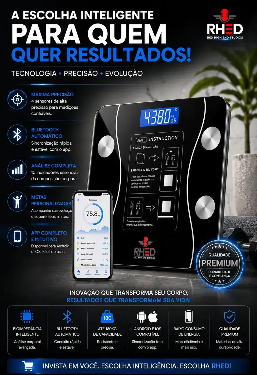 Balança Digital Bioimpedância Profissional smart imc 180kg Bluetooth Corporal Aparelho Alta Capacidade aplicativo App para Android e para IOS Balança De Banheiro Academia thumbnail 7