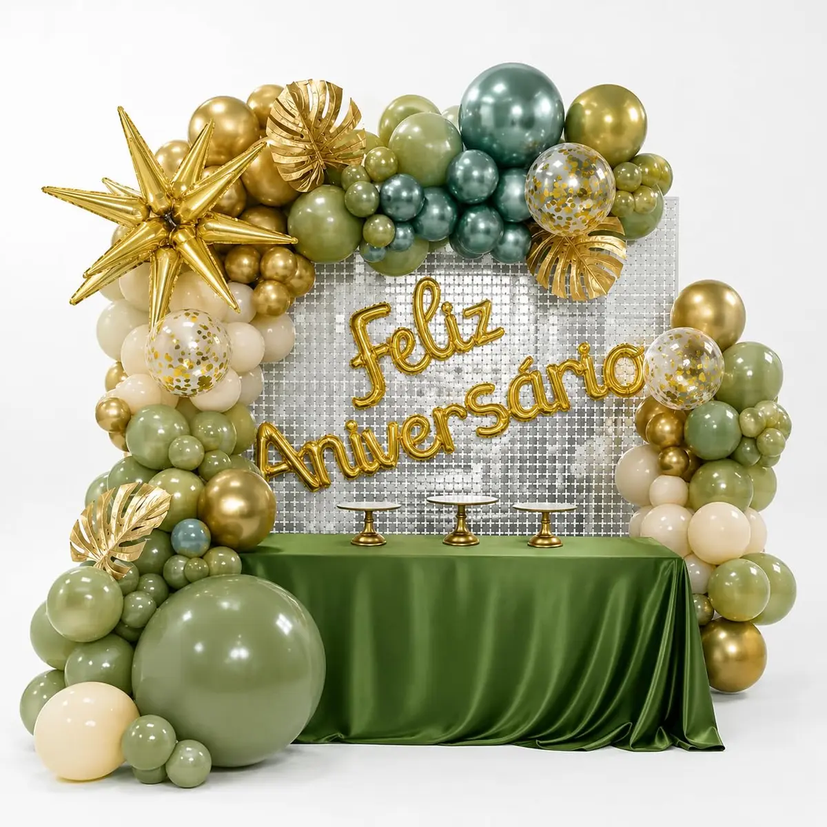 Kit Decoração de Aniversário com Balões, Letreiro e Cortina Verde | Ideal para festa adulta e infantil. Inclui balões, letreiro luminoso e painel decorativo