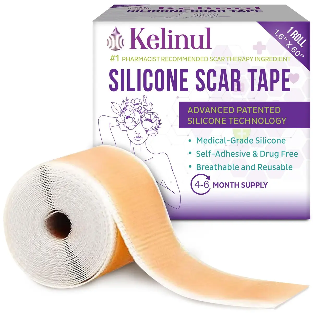 Folhas de silicone para cicatrizes, rolo de fita de silicone (4 cm x 152 cm), folhas reutilizáveis para cesariana, cirurgia, queimadura, queloide e acne - 1