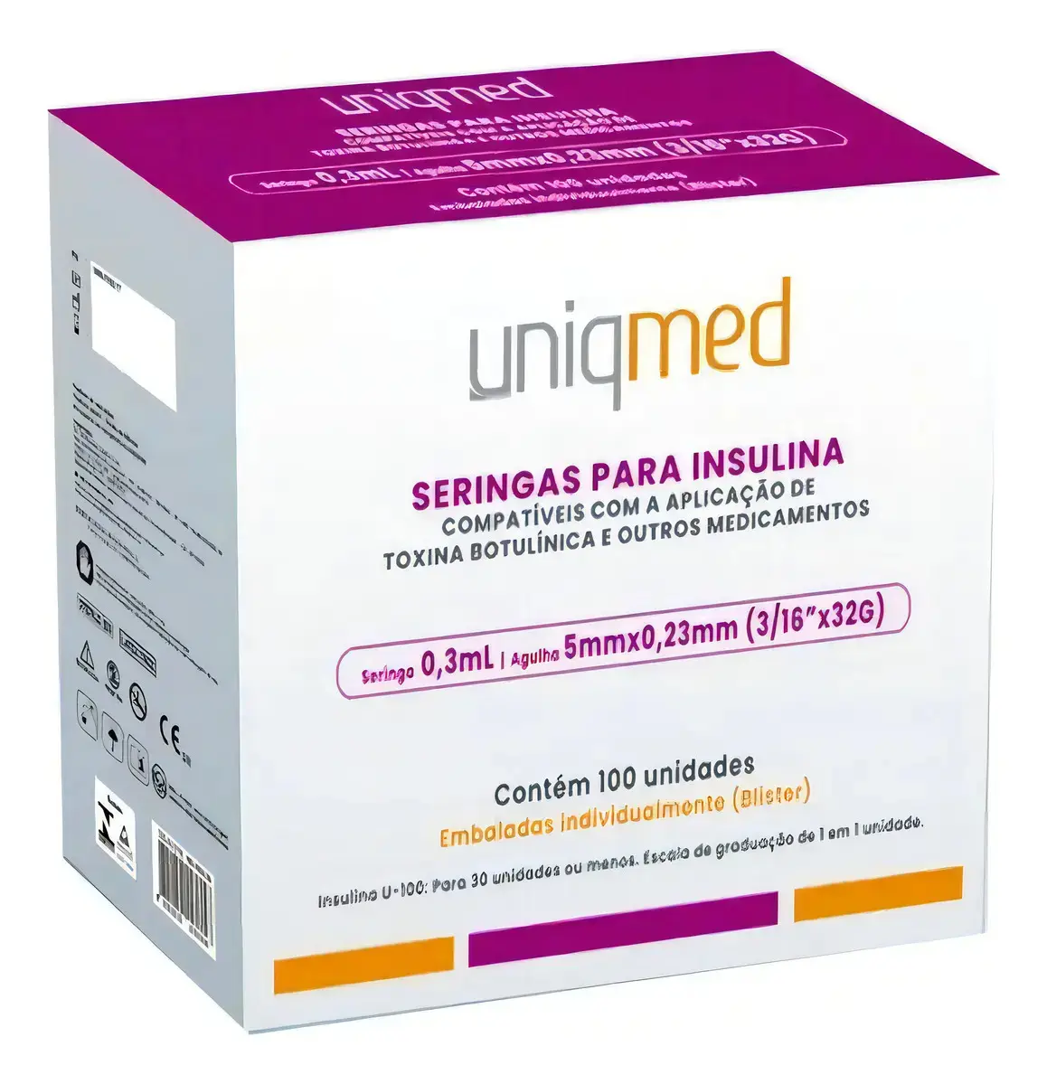 Seringa Insulina UniqMed 0,3ml 5mm x 0,23mm 32G Caixa 100 Unidades - 1