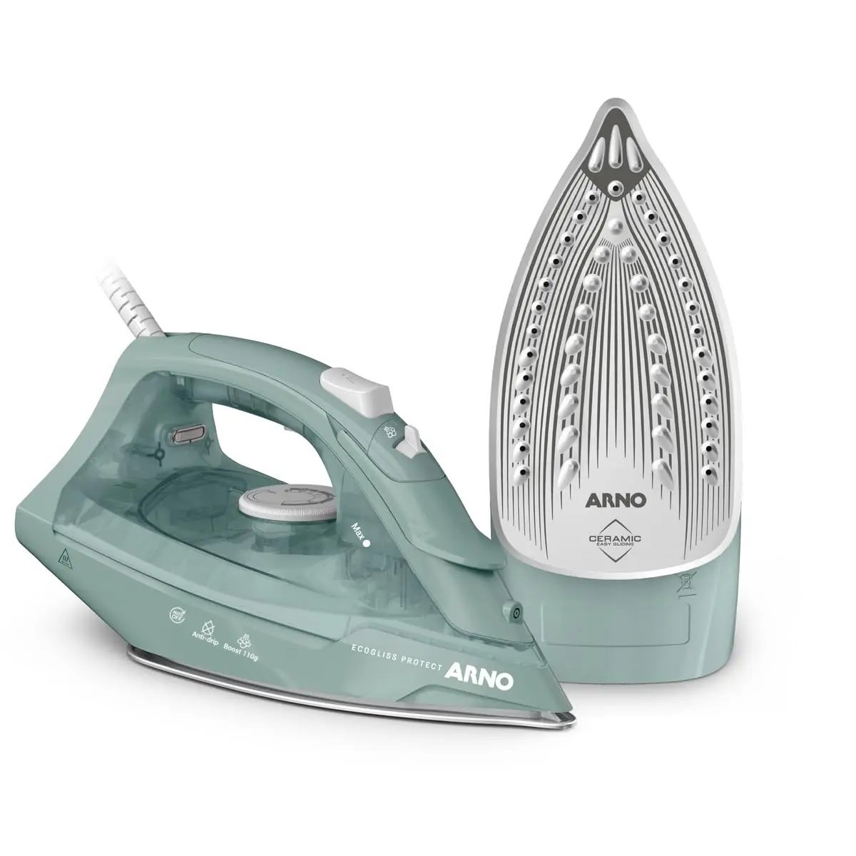 Ferro a Vapor Arno Ecogliss Protect com Base Cerâmica FECP, 1200W, Verde Eucalipto, Modo ECO, Desligamento Automático, 110V