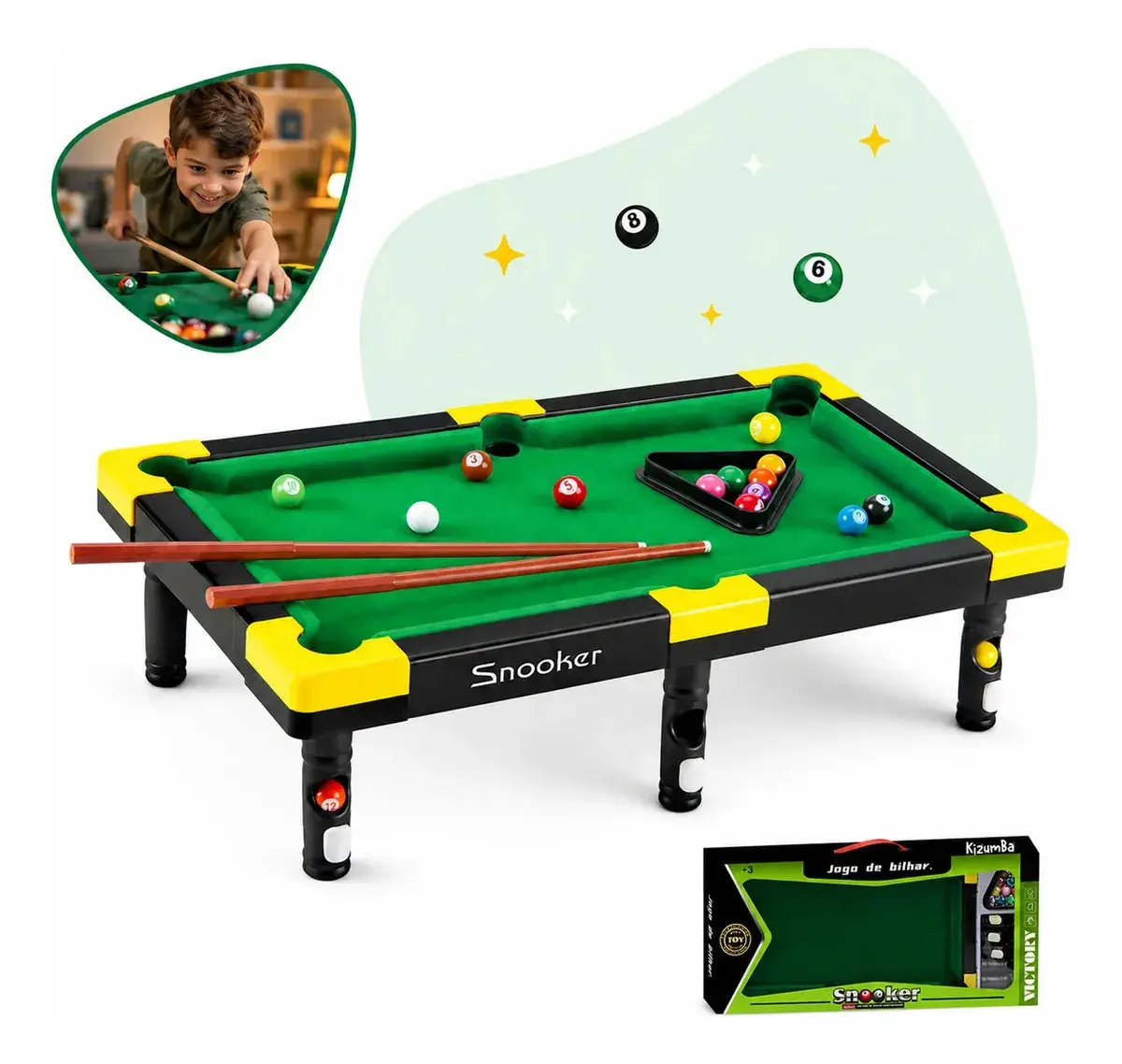 Mini Mesa de Sinuca Infantil Bilhar Portátil 48x28cm com 16 Bolas 2 Tacos e Triângulo Mesinha com Pano Aveludado e Pés Desmontáveis para Crianças Kizumba - 1