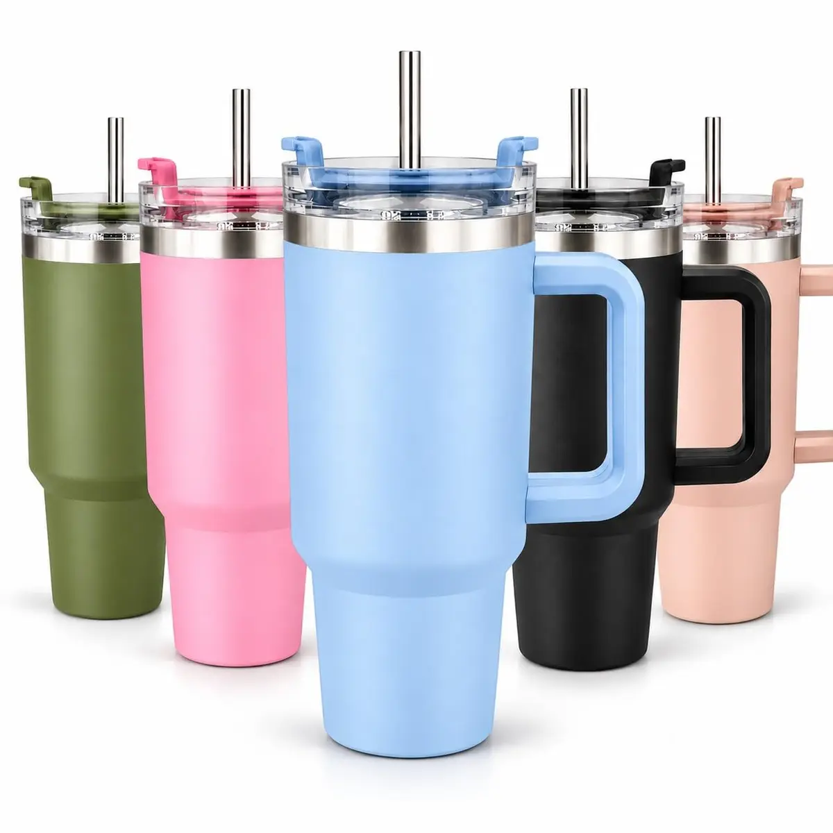 Copo Térmico com Alça e Canudo de Aço Inoxidável 1200ml Garrafa de Agua, Cafe, Cerveja, Refrigerantes, Sucos, mantem a bebidas frias ou quentes (Azul Claro) - 1