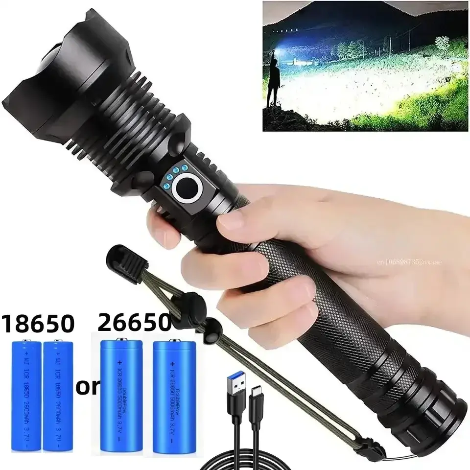 Lanterna LED super brilhante recarregável por USB XHP70.2, lâmpada tática com zoom e bateria 18650 ou 26650 para camping - 1