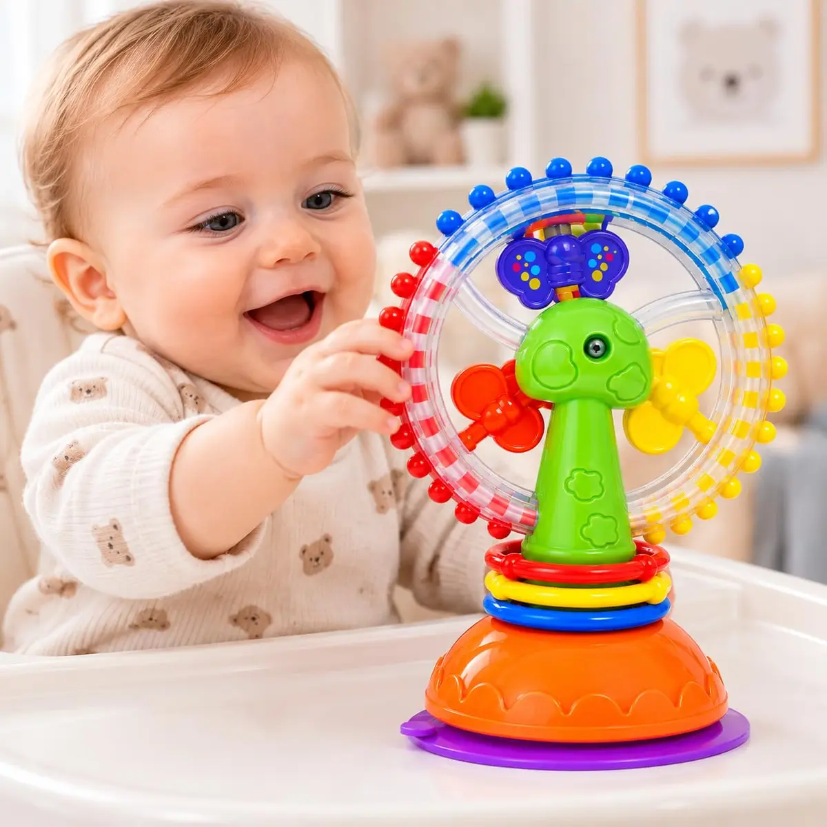 Brinquedo para Bebê com Ventosa Giratório Roda Gigante Colorida Chocalho Sensorial Educativo Coordenação Motora Estímulo Visual e Tátil
