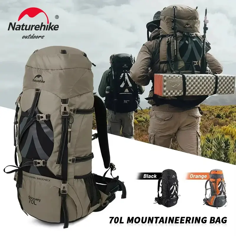 Mochila Naturehike Profissional para Caminhadas ao Ar Livre, Grande Capacidade de 70L, Bolsa de Montanhismo e Camping com Sistema de Suporte NH70B070-B