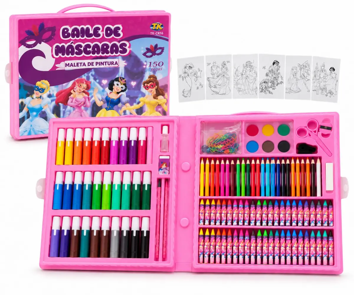 Maleta de Pintura Infantil 150 Peças | Kit de Desenho e Colorir com Canetinhas, Lápis de Cor, Giz de Cera, Aquarela e Acessórios | Baile das Máscaras Rosa